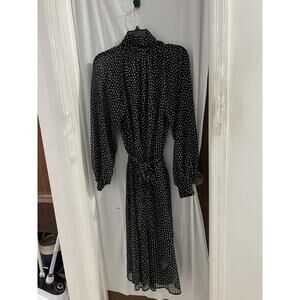 Banana Republic Black White Belted Polka Dot Swiss Dot Tie Neck Midi Dress Sz S
